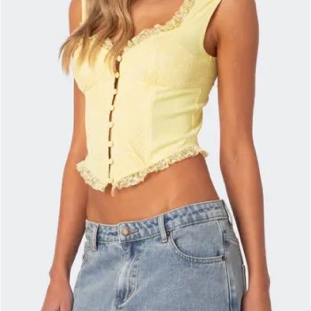Edited Yellow Lace Trim Sleeveless Top